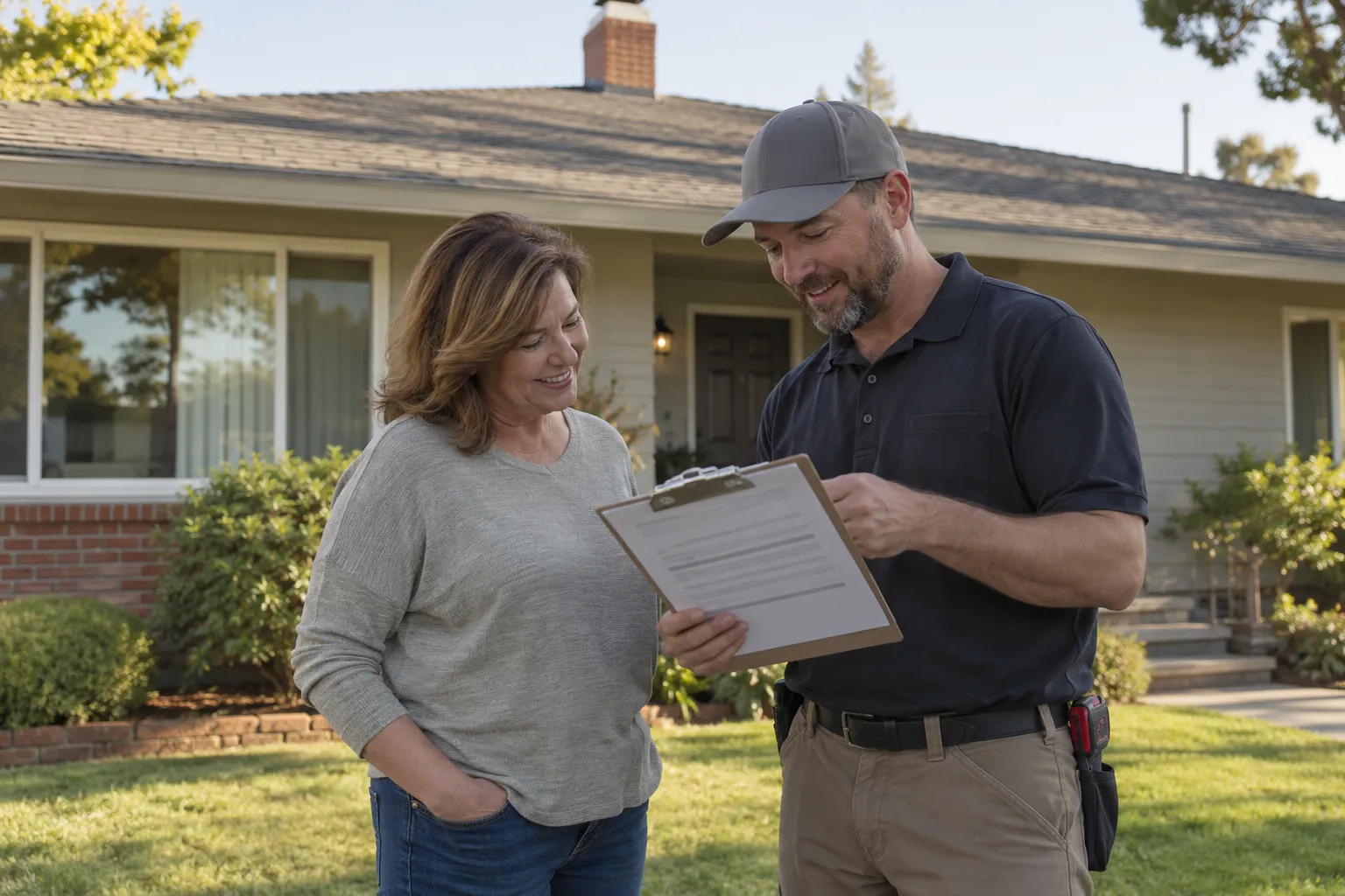 A homeowner reviewing a written roof quote with a local provider in the San Jose area