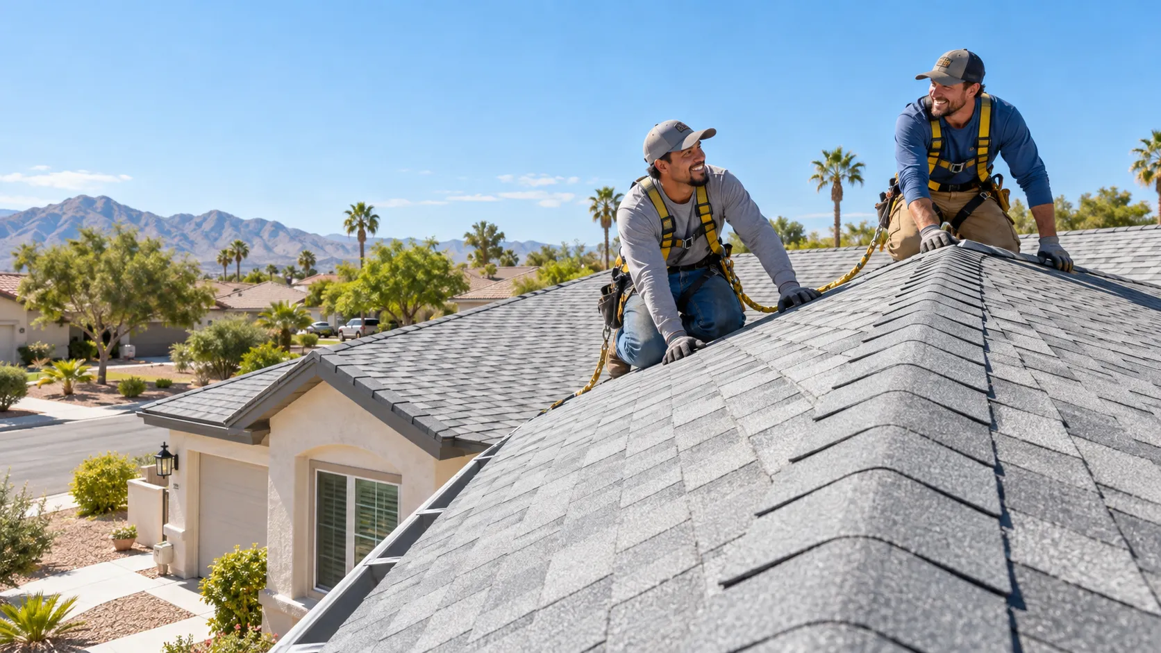 A stucco ranch home with a new shingle roof under clear skies in San Jose