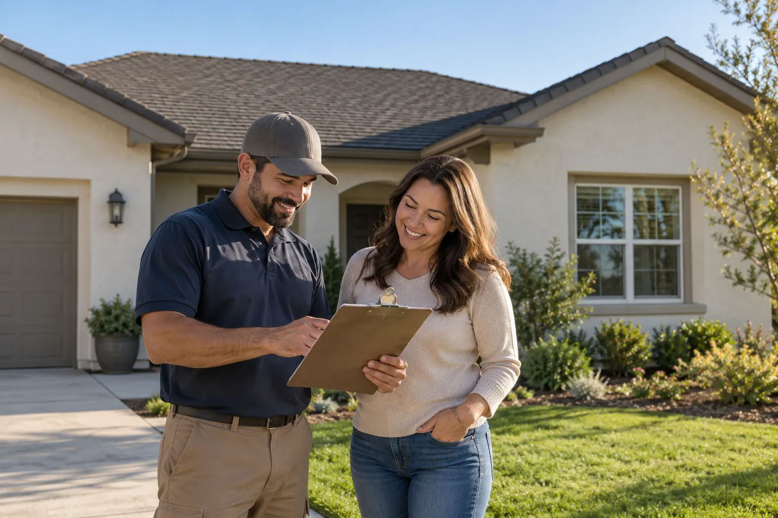 A roofing provider and a homeowner reviewing a new roof on a stucco ranch home in San Jose